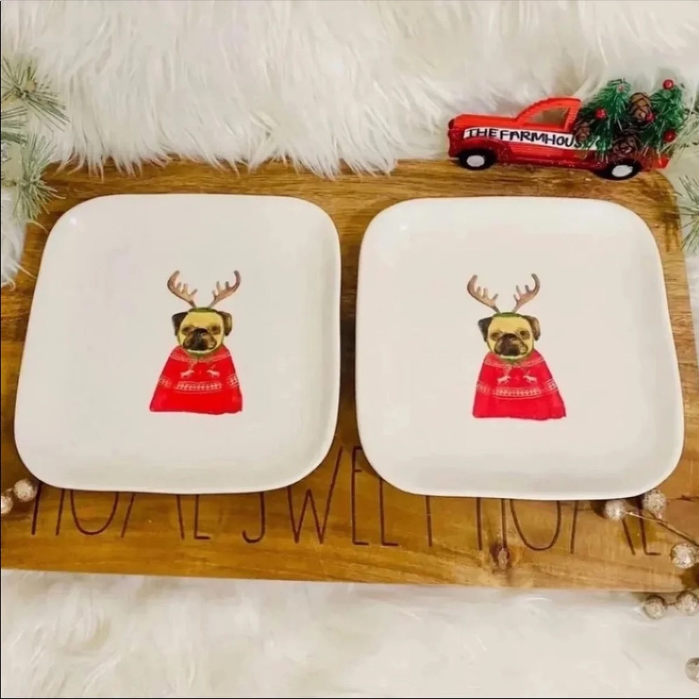 ♡Rae Dunn OG Christmas pug xmas sweater + antlers set of two plates! Rare! HTF!♡